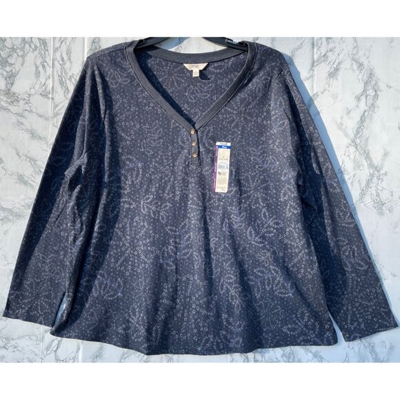 Terra & Sky Womens 2X Waffle Knit Henley Top Navy Blue With Subtle Floral Print - Picture 1 of 5